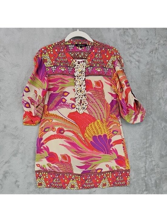 Nanette Lepore Dresses & Skirts - Nanette Lepore Dress Womens 0 Multicolor V Neck 3/4 Sleeve Shift Beaded Silk